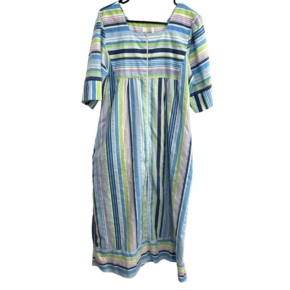Cozee Corner Womens Striped Cotton Blend Dress Robe Blue Green Size M